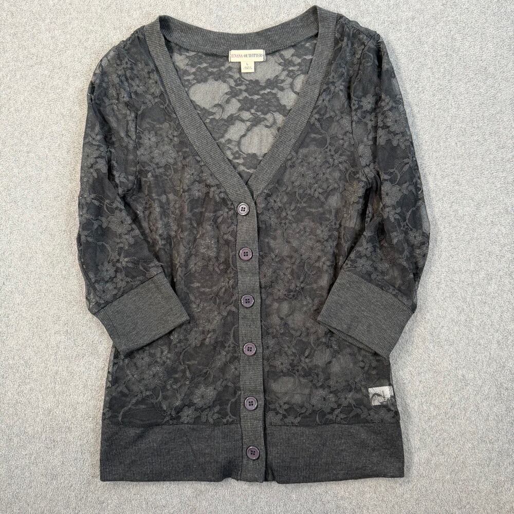 ZENANA OUTFITTERS Women's Large Gray Floral Lace Cardigan Sweater 3/4 Sleeve